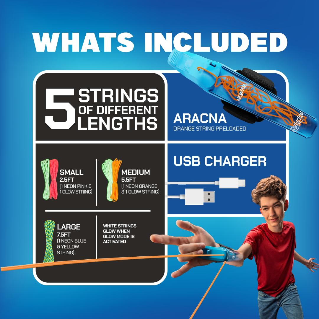 ZipString Aracna - Giocattolo lanciaraga che si illumina al buio | Per bambini, ragazzi e adulti, brevettato, ricaricare, durevole, azione di tiro web supereroe
