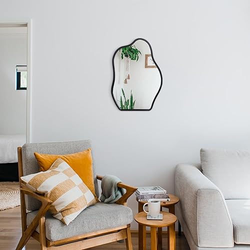 Miniatura 6 de Espejo de pared asimétrico con marco de madera, espejo colgante moderno irregular para pared para tocador, sala de estar, dormitorio, baño, entrada,