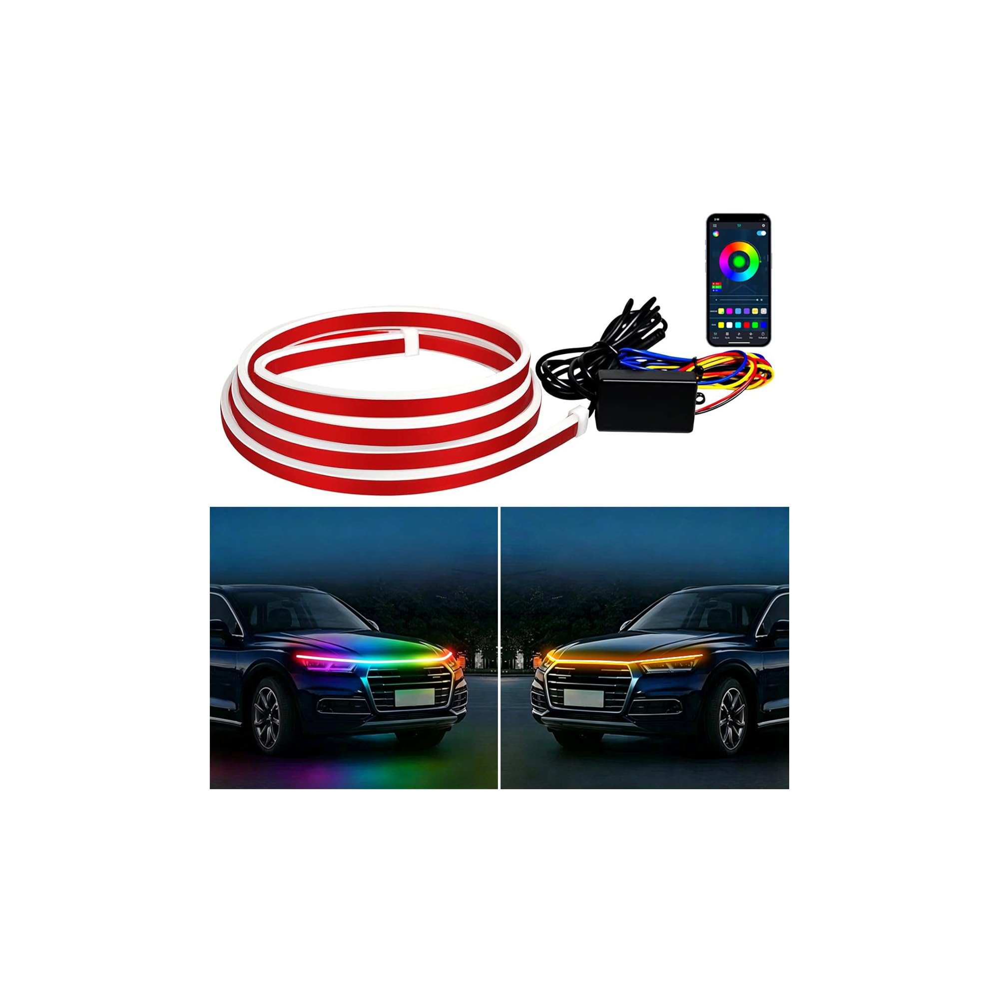 Tira de Luces LED para capó de Coche, luz Diurna Exterior Flexible e Impermeable, luz LED RGB Multicolor para capó, luz Diurna con escaneo dinámico, Apta para vehículos de 12V.