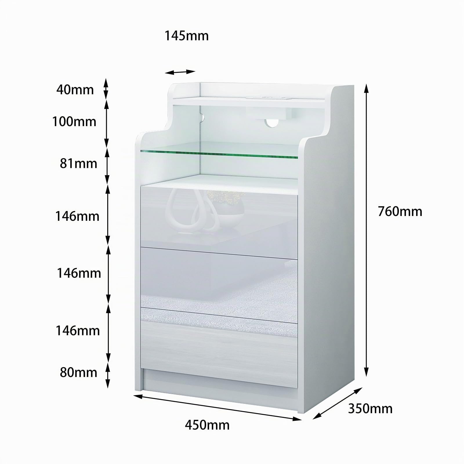 Nachttisch mit Steckdose und Ladestation,Hochglanz Weiß Nachtschrank Beistelltisch mit Led Licht,3 Schubladen,2 Fach,2 AC-Steckdosen,2 USB-Anschlüsse Sofatisch für Wohnzimmer,Schlaf,45x35x76cm