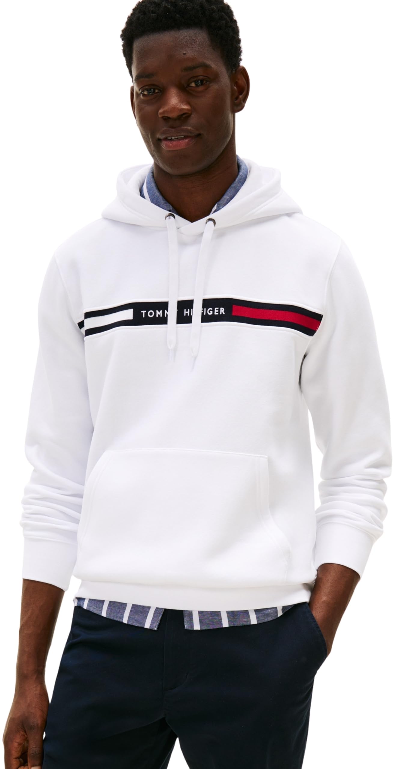 Tommy Hilfiger Men’s Chest Insert Hoodie with Kangaroo Pocket, White (White), L