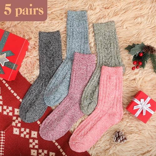 Image of LOCONHA Womens Wool Socks 5 Pairs Winter Warm Sock Thick Knit Cabin Cozy Crew Soft Socks Gifts for Women