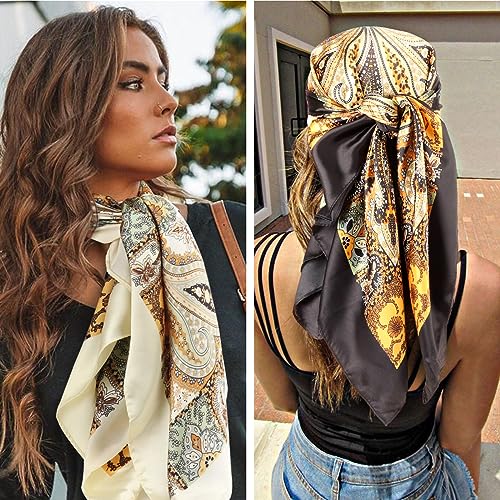 Image of DRESHOW 35 inch Large Square Satin Head Scarf - 4Pcs Silk Accessories Classic Patterned Squares Beach Bandanas for Women
