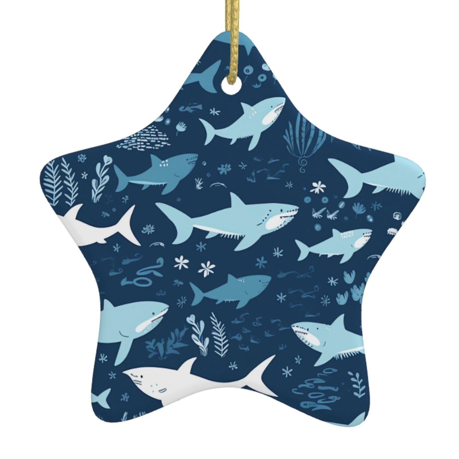 Ceramic Christmas Tree Hanging Ornaments with Gold Ropes Christmas Tree Decorations Star Ceramic Sharks Pendant Keepsake Decorations for Holiday Xmas Gift Ideas