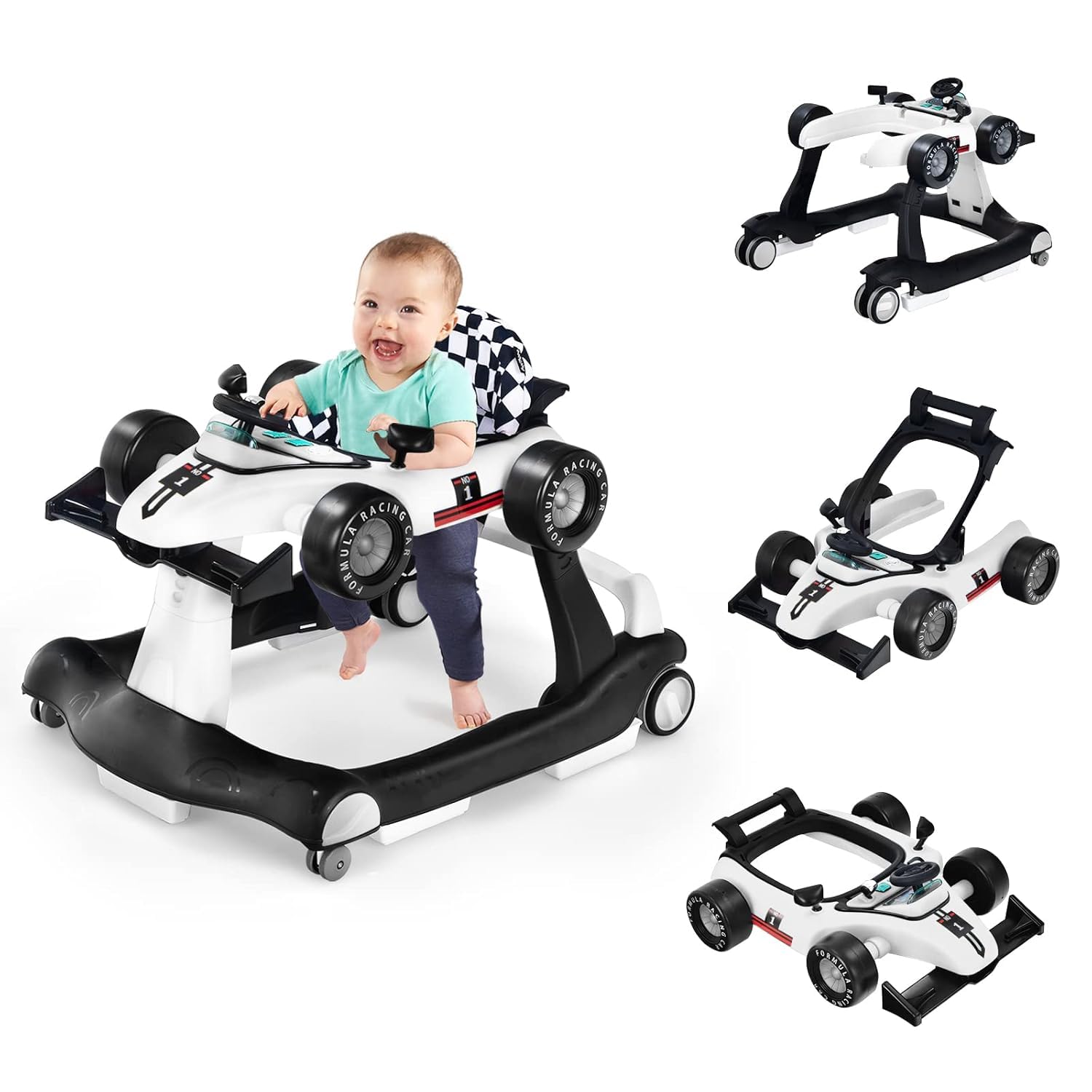 FANTASK Wózek do nauki chodzenia z oświetleniem i kółkami, składany wózek do nauki chodzenia z regulowaną wysokością i prędkością, 4 w 1 Baby Walker w kształcie samochodu, z pozytywką do 15 kg, bez