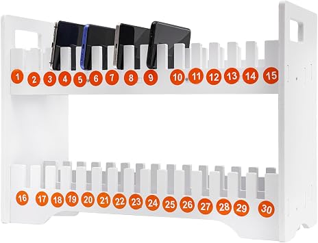 2 Tier 36/30 Slots Cell Phone Holder for Teachers with Lable Paper, PVC Office Phone Stand Rack Mobile Phone Holder, White Cell Phone Storage Organizer Phone Jail for School Office 30 Slots