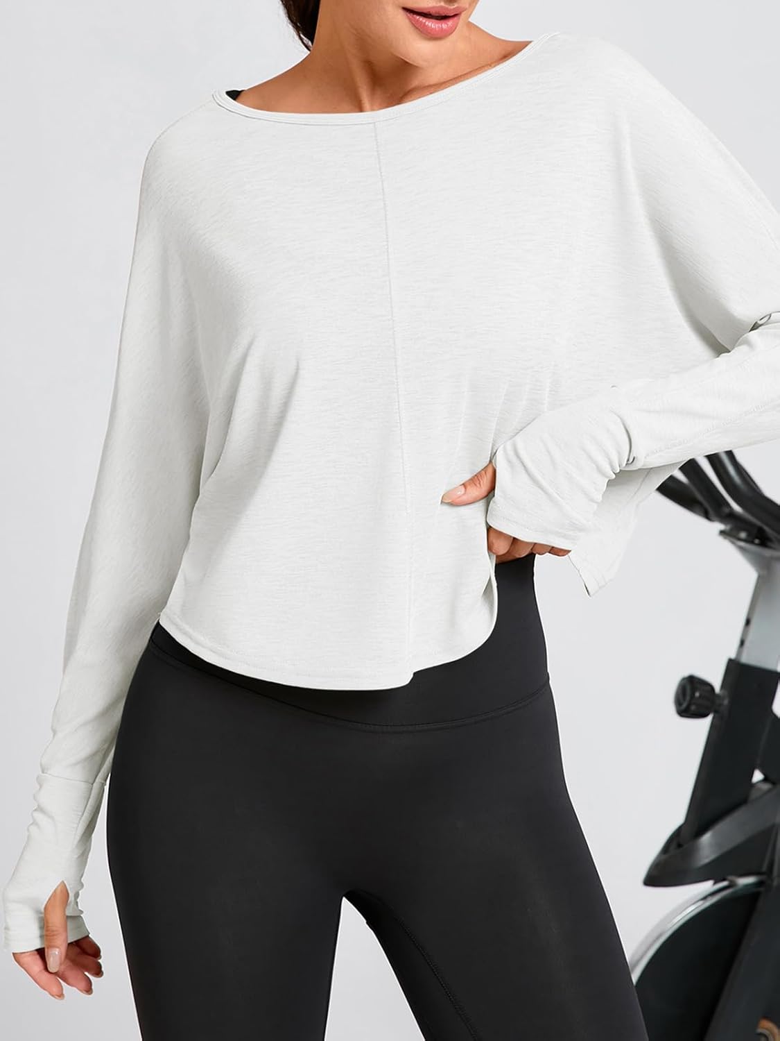 Fisoew Womens Long Sleeve Workout Tops Athletic Shirts Cropped Crossover Back Loose Running Gym Tee with Thumb Holes - Image 3