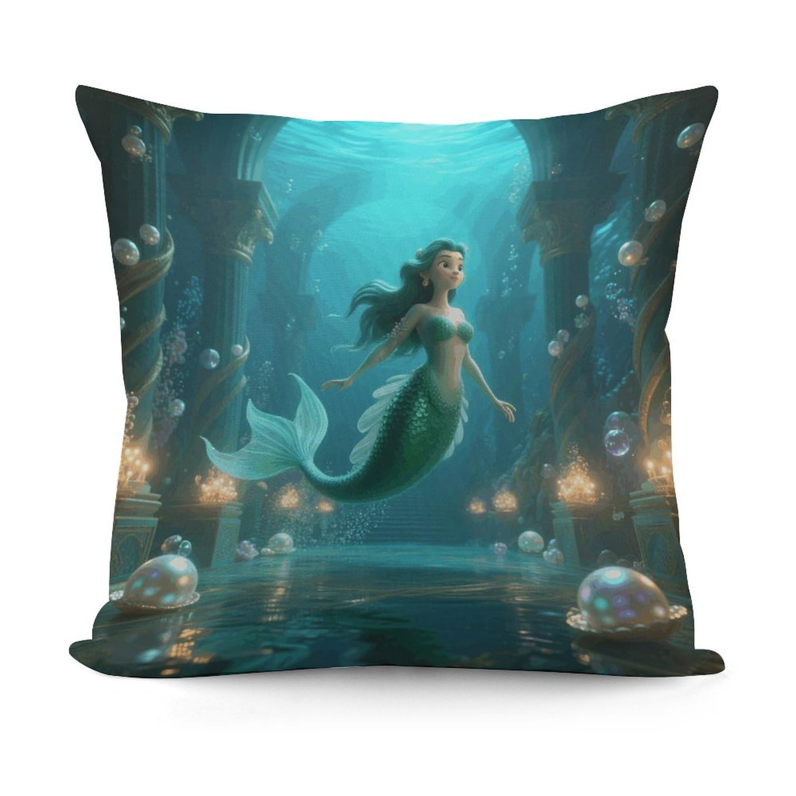 VstaDank Mermaid in Underwater Palace Pillow Cover with Invisible Zipper Square Throw Pillowcase Plush Couch Sofa Pillow Case 18x18 Inch Decorative Throw Cushion Covers for Sofa Living Pillowcover