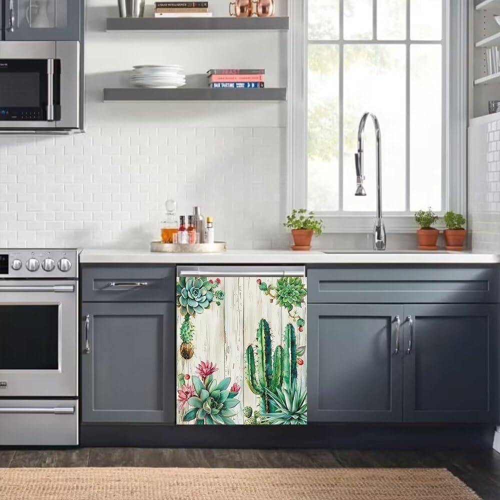 Green Plants Dishwasher Magnet Cover, Cactus Art Kitchen Decorative Magnets Refrigerator Sticker, Pastoral Style Magnetic Dishwasher Decal, 23" x 26" Magnetic