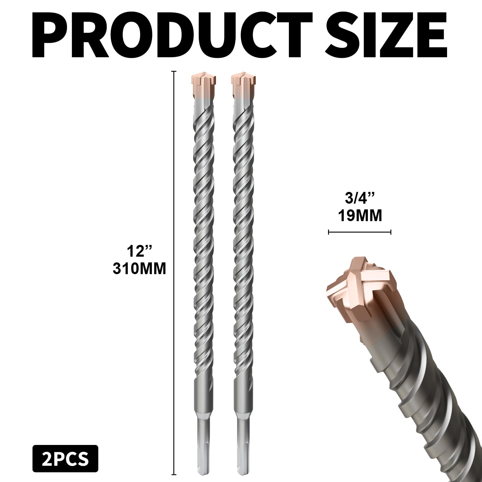 Zestaw 2 wierteł udarowych SDS Plus do młotowiertarki obrotowej 19 mm x 310 mm, 4 ostre krawędzie z węglików spiekanych i powlekanej głowicy, idealne do muru | Wytrzymały mur | wiertła