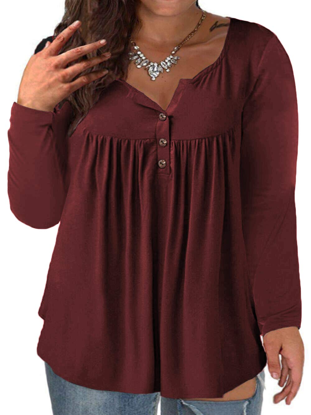 VISLILY Women's Plus Size Henley Shirts Long Sleeve Tops Buttons Up Blouses Pleated Tunics