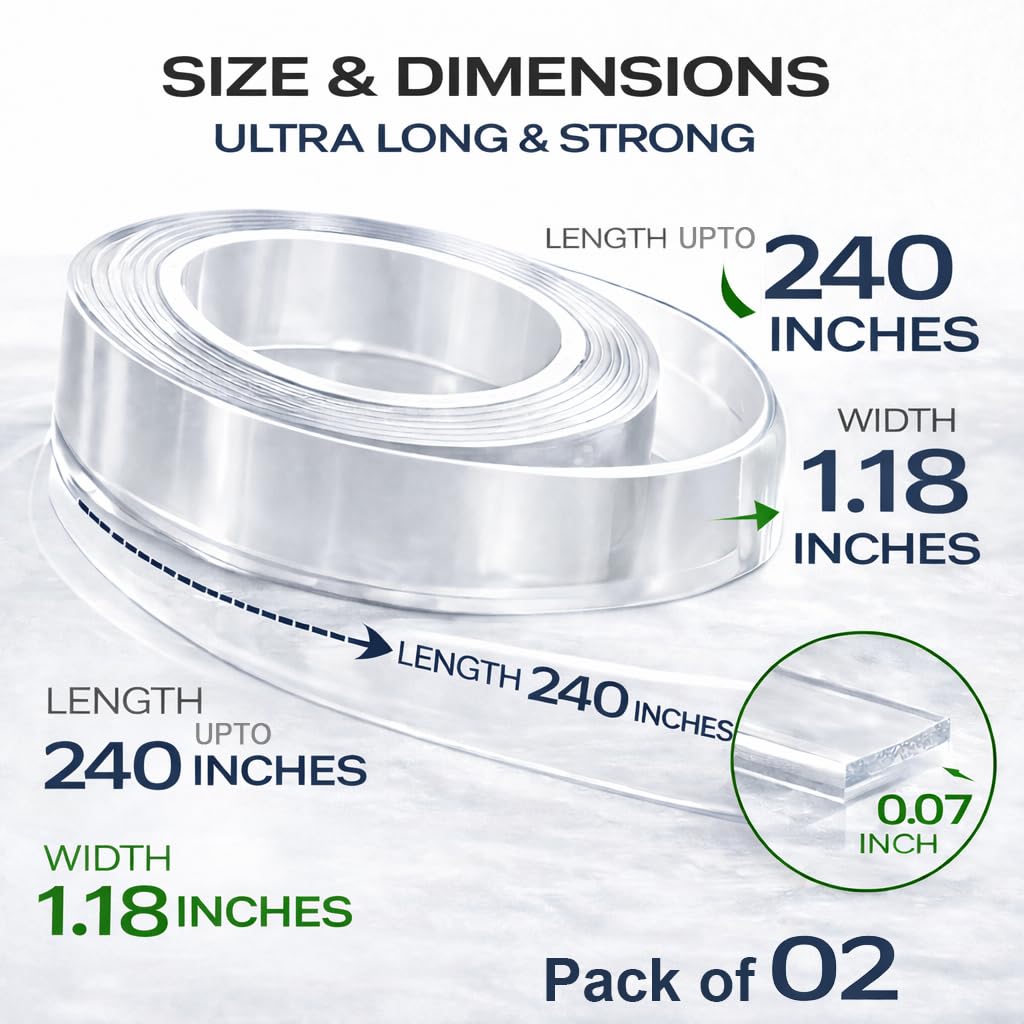 Cinta adhesiva de doble cara resistente, 2 rollos, 240 x 1.2 pulgadas, cinta de montaje nano transparente extraíble para póster, alfombra, alfombra, colgar fotos y bricolaje, cinta adhesiva fuerte