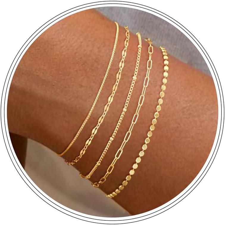 Silver Bracelets for Women, Dainty Silver Bracelets for Women Set 14K Silver Bracelet Stack Waterproof Jewelry for Women Trendy Minimalist Simple Small Thin Bracelet Set for Women Teen Girls Gift