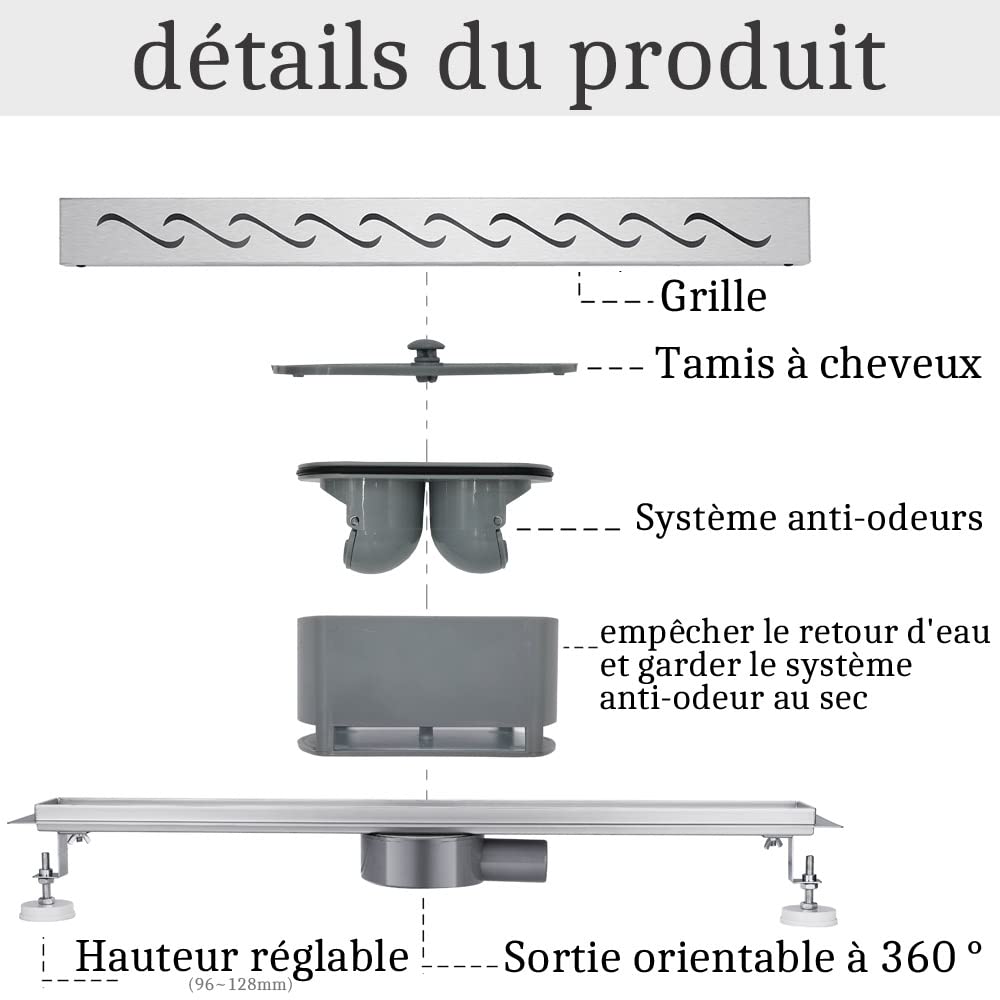 Caniveau pour Douche Siphon Sol d'évacuation en Acier Inoxydable Plancher de Douche de Salle de Bains Rectangle, 360° sortie d'eau, 60cm