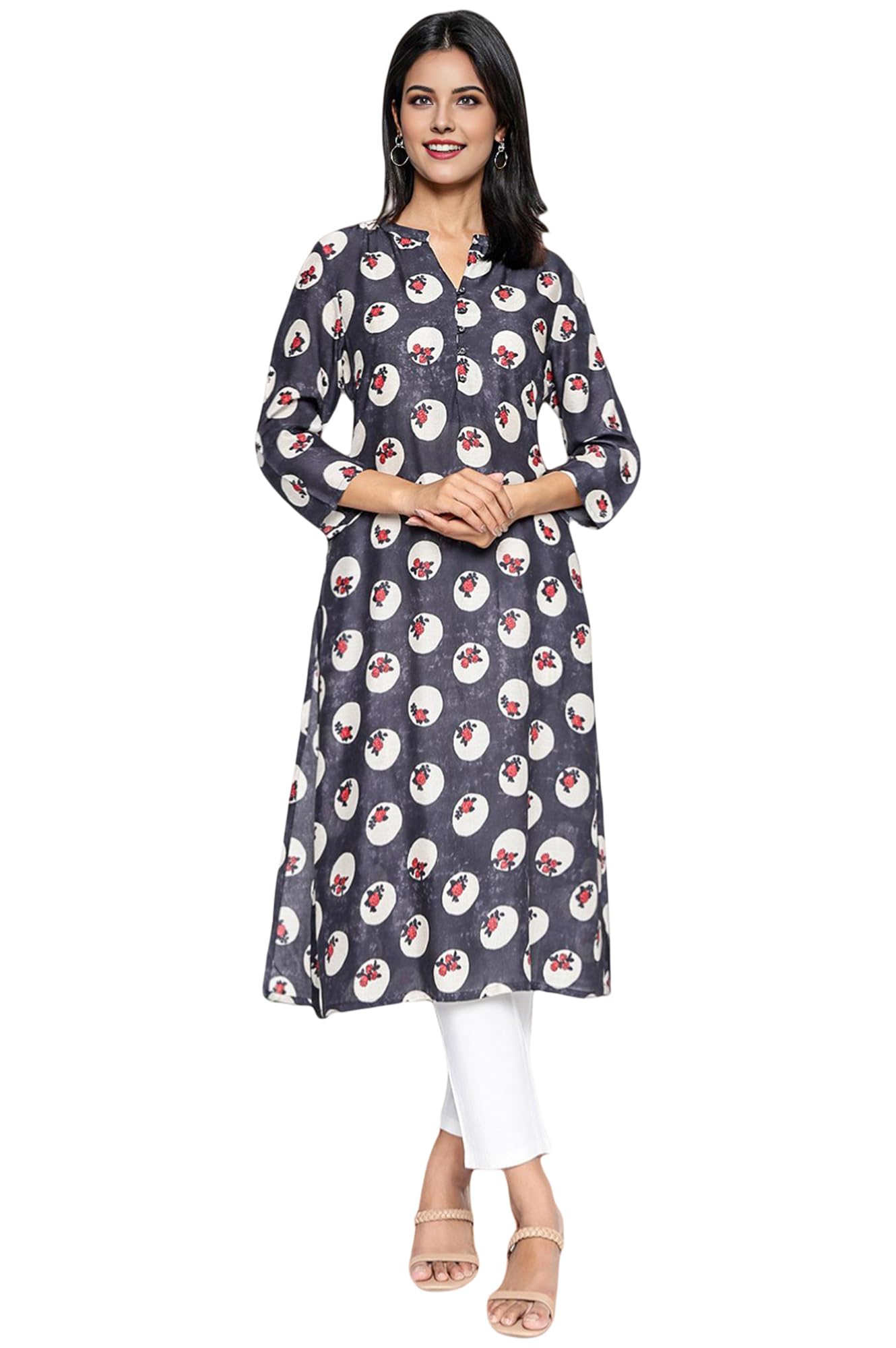 Vero Moda Charcoal Grey Printed Modal Straight Kurta in grey