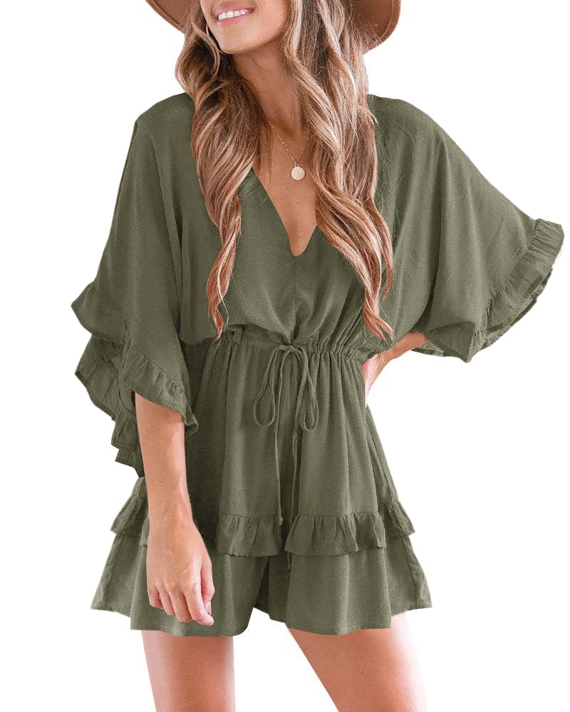 Imily Bela Damen Jumpsuit V Ausschnitt Fledermausärmel Strandkleid mit Kordelzug Sommer Lose Romper