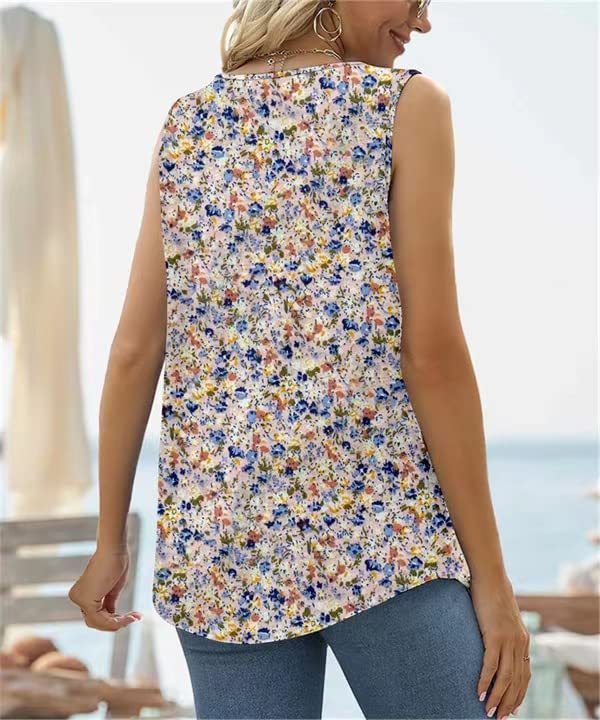 Womens Square Neck Tops Vest Sleeveless T-Shirt Pleated Floral Printed Tunic Blouse Tops Shirt Tops3