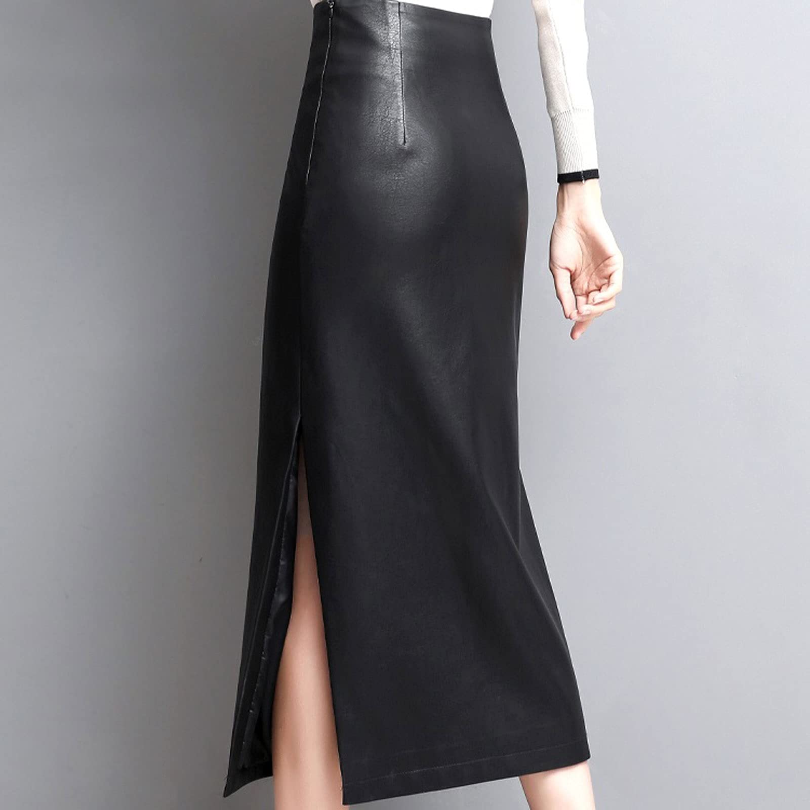 Jupe Plissée Longue en Cuir Noir pour Femmes avec Fente Latérale, Fermeture Éclair, Taille Haute, Midi, Cuir Doux Léger (Noir, XXL)