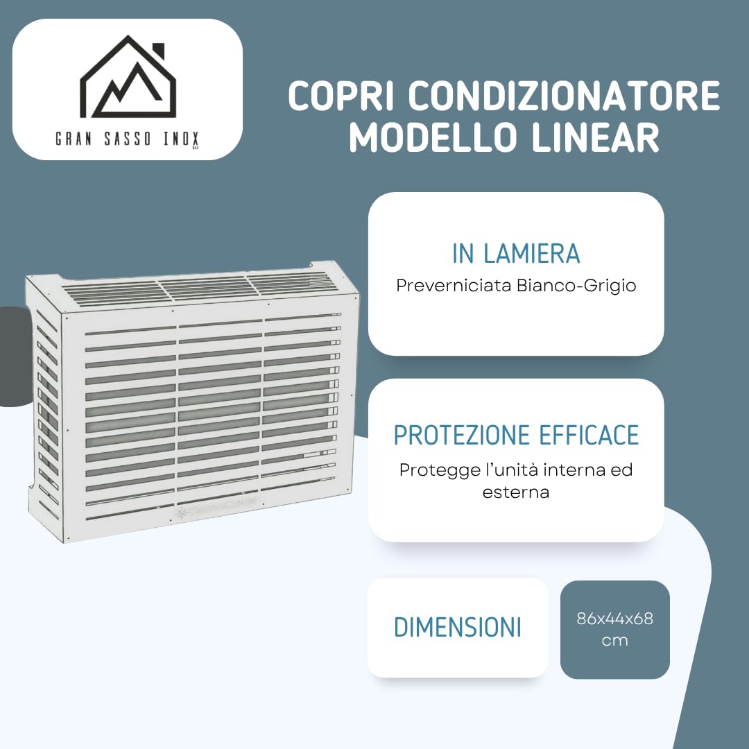 Copri Condizionatore da Esterno in Lamiera Preverniciata Bianco-Grigio SP. 6/10 – Misure L86xP44xH68 cm – Modello Linear – Fornito Smontato con Kit di Montaggio e Istruzioni incluse