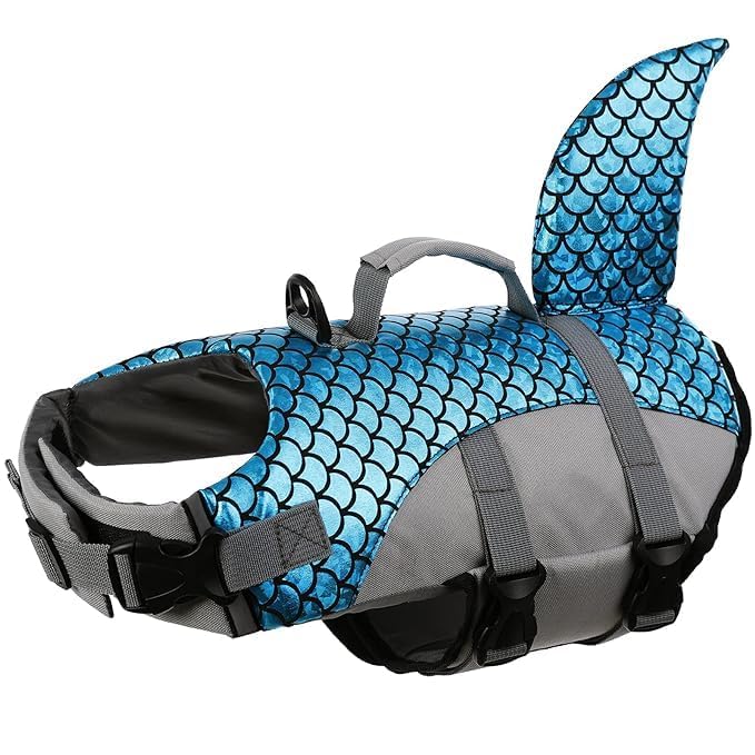 MUGATH Polyester Dog Life Jacket | Adjustable Dogs Swimming Vest with Shark Fin, Safety High Visibility Pet Floatation Vest Life Preserver for Dogs for Swimming and Boating (L, Blue) 4