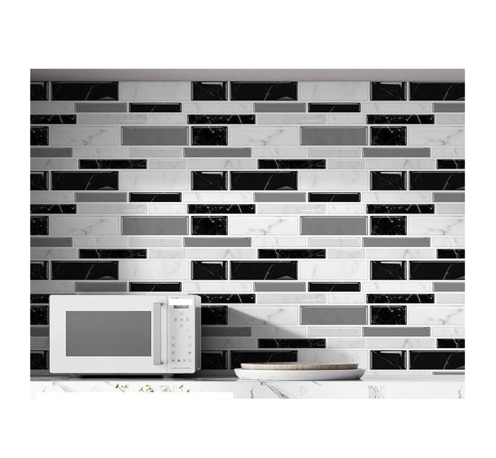 Mosaic Marble Effect Tile Stickers, Peel & Stick Marble Mosaic Wall Decals, Waterproof Crystal Tiles for Home Decor(Black,10pc)