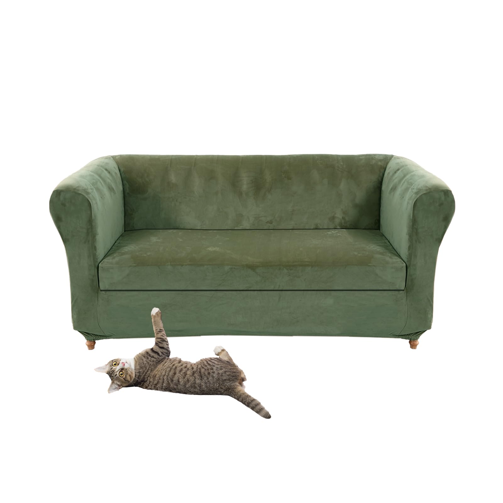 Stretch Velvet Chesterfield Sofa Cover Couch Cover with Seat Cushion Covers for Curved Chaise Longue Armchair Vintage Style (Green Love + 1 2 Seater) — image 1