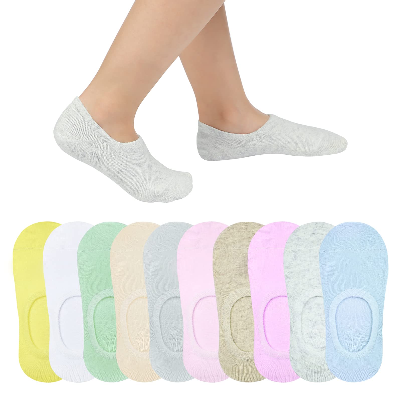 JOCMIC 10 Pairs Girls No show Socks Boys Non Slip Low Cut Socks for Kids Toddler 8-10 Years