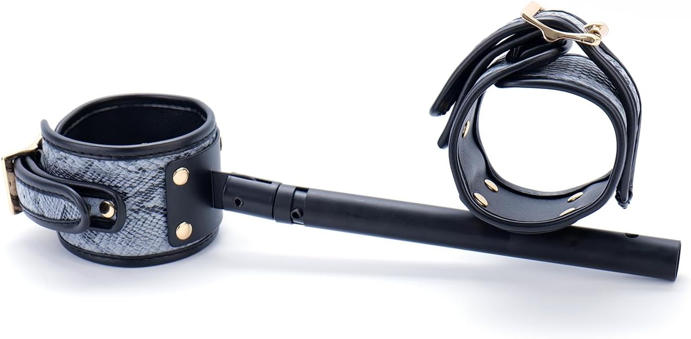 Spreader Bar Integration Heavy Duty Expandable Black Metal Bar Home Gym with 4pcs PU Silver Serpentine Furry Adjustable Straps,Sports Aid Training Fitness Gear Pilates Aid Kit,Indoor Yoga Set