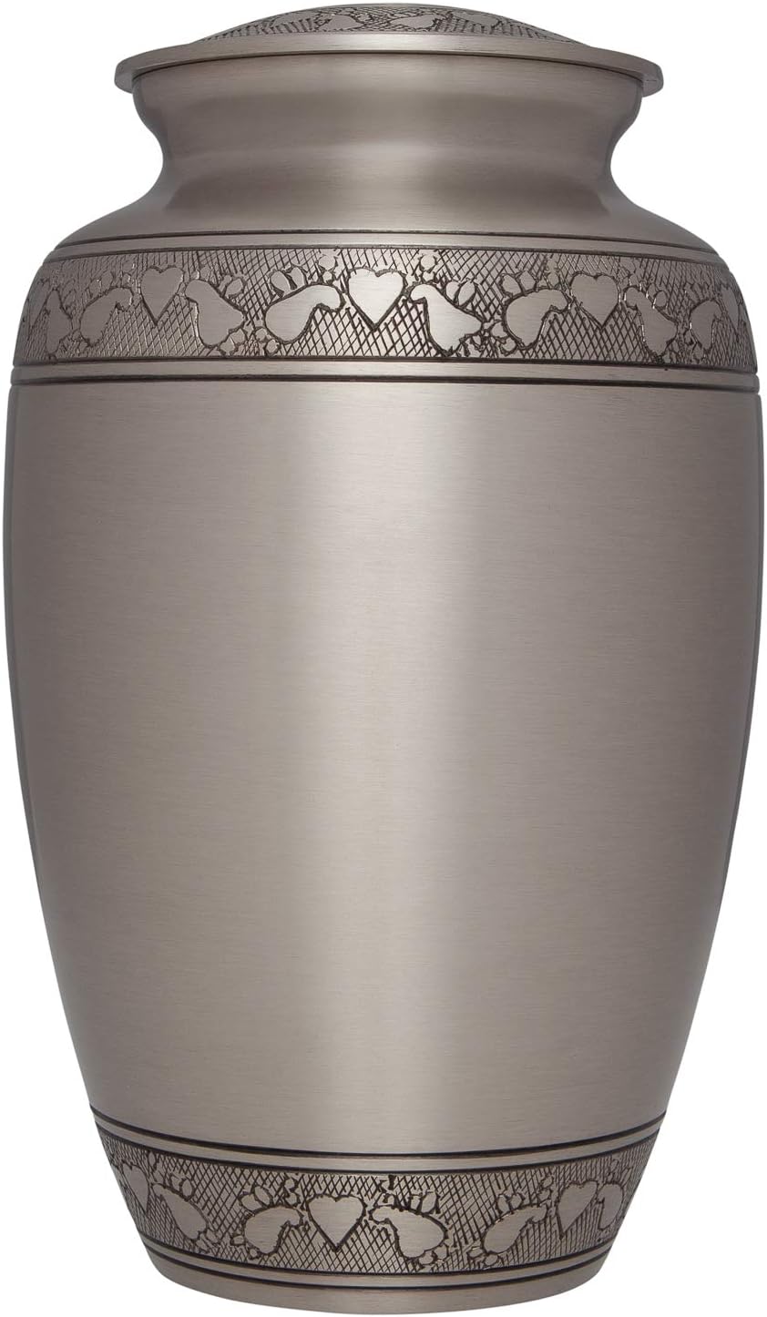 Cremation Funeral Urn for Human Ashes - Memorial Suitable for Burial - Cremation Urn with Band of Angels and Hearts (Silver)