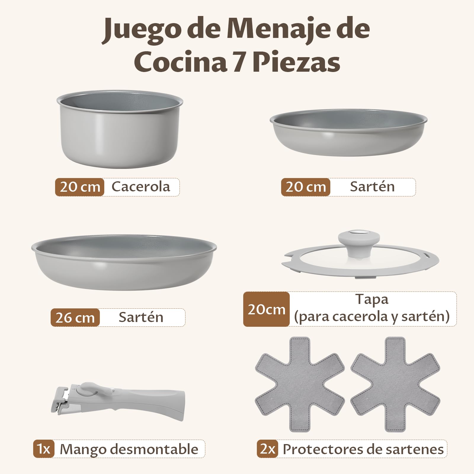 BLAZANT Juego de Ollas y Sartenes 7 Piezas, Sarten Ceramica No Tóxicas | Juego Ollas y Sartenes con Mangos Desmontables, Base mejorada, Calentamiento uniforme,Para camping, Libre de PTFE y PFOA