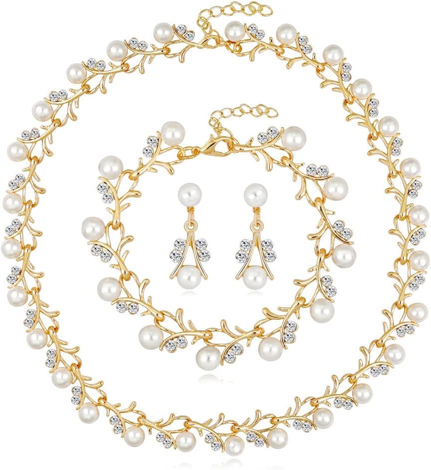 Pearl Necklace Earrings Bracelet Jewellery Set for Women Girls Bridal Silver Plated Jewelry Set Weddings Party Birthday Anniversary Christmas Mothers Day Valentine's Day Gifts