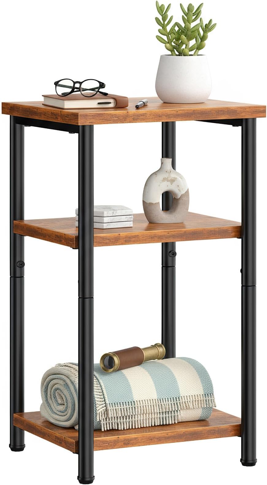 3 Tier End Table for Small Space, Side Sofa Tables Storage Shelf, Nightstand with Adjustable Feet for Living Room, Bedroom, Office, Set of 1, Rustic Brown