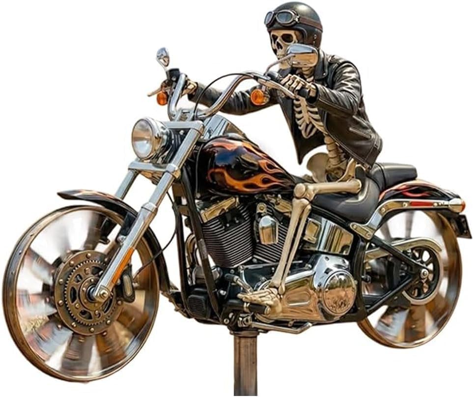 Metal Skeleton Motorcycle Wind Spinner,Biker Skull Windmill Stake with Rotating Wheels for Patio Yard Garden,Unique Resin Outdoor Sculptures Ornament Gift for Friends