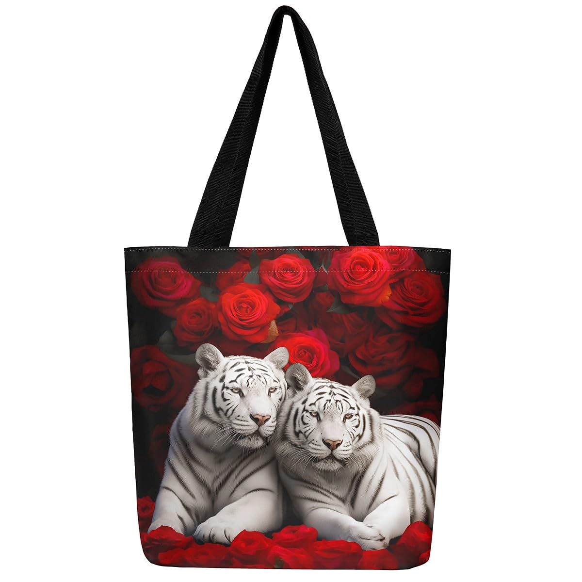White Tiger Canvas Tote Bag for Women,Red Rose Foldable Handbag Romantic Flowers Wild Animal Travel Shopping Bag Big Cat African Safari Animals Reusable Grocery Shoulder Bag