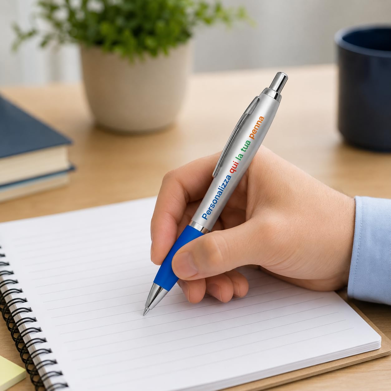 Penna Personalizzata con Nome, Logo o Testo | Stampa a Colori su Penna a Sfera con Impugnatura Soft Touch | Gadget Aziendale Personalizzato per Eventi, Fiere e Regali (25, Blu)