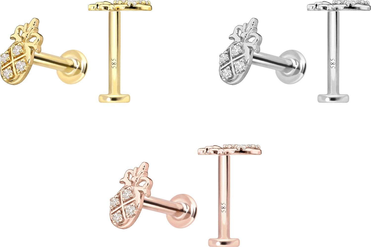 PIERCINGLINE Piercing Stecker 14 Gold Labret mit Innengewinde MOISSANIT-ANANAS 585er Gold - Roségoldfarben, Goldfarben, Silberfarben