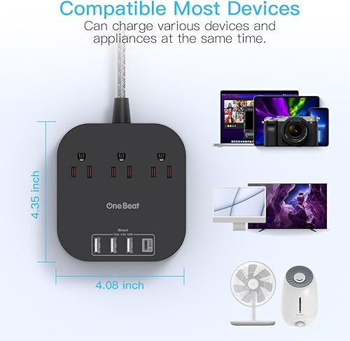 Miniatura 6 de Regleta de alimentación con USB C, 3 tomas, 4 puertos USB (22.5 W4.5 A), estación de carga de escritorio, enchufe plano, cable de extensión trenzado