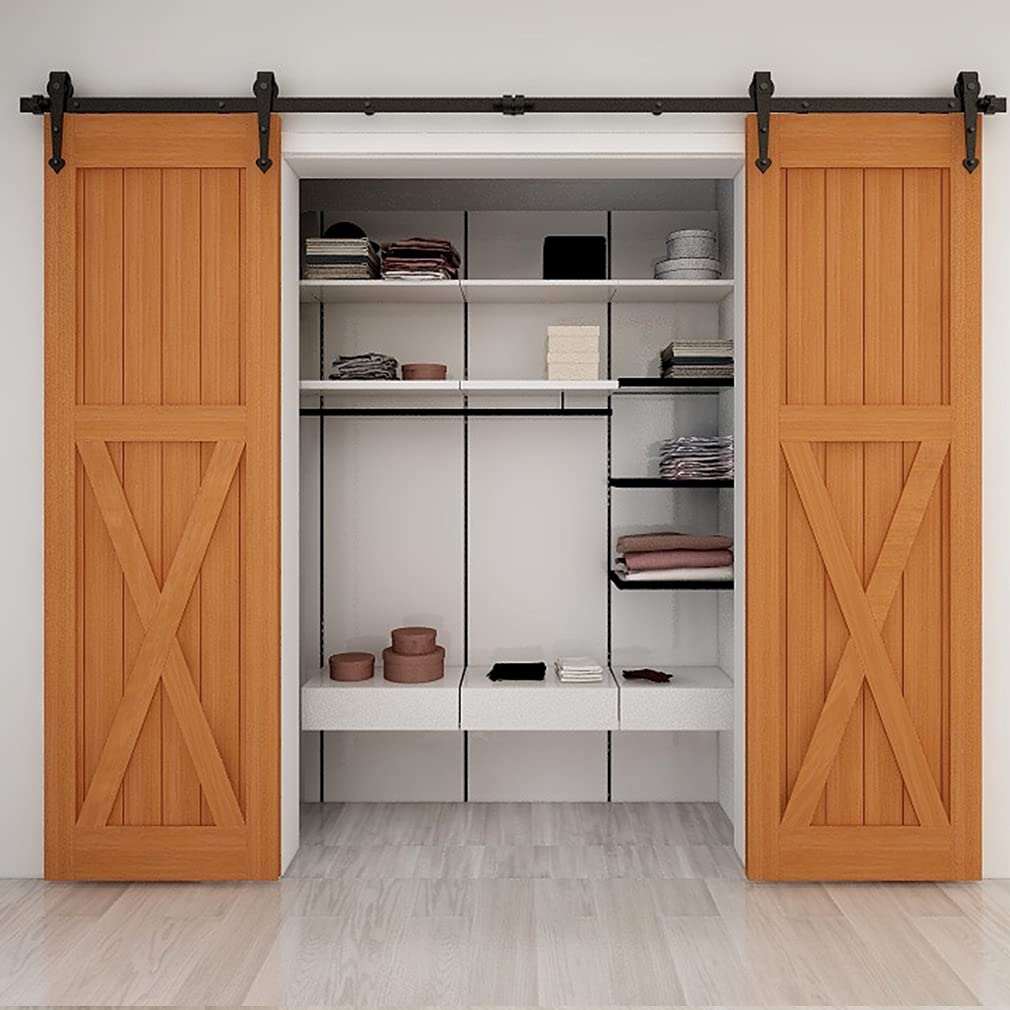Kit de herrajes para puerta corrediza de madera de granero negro de 6 pies para puerta doble en forma de corazón