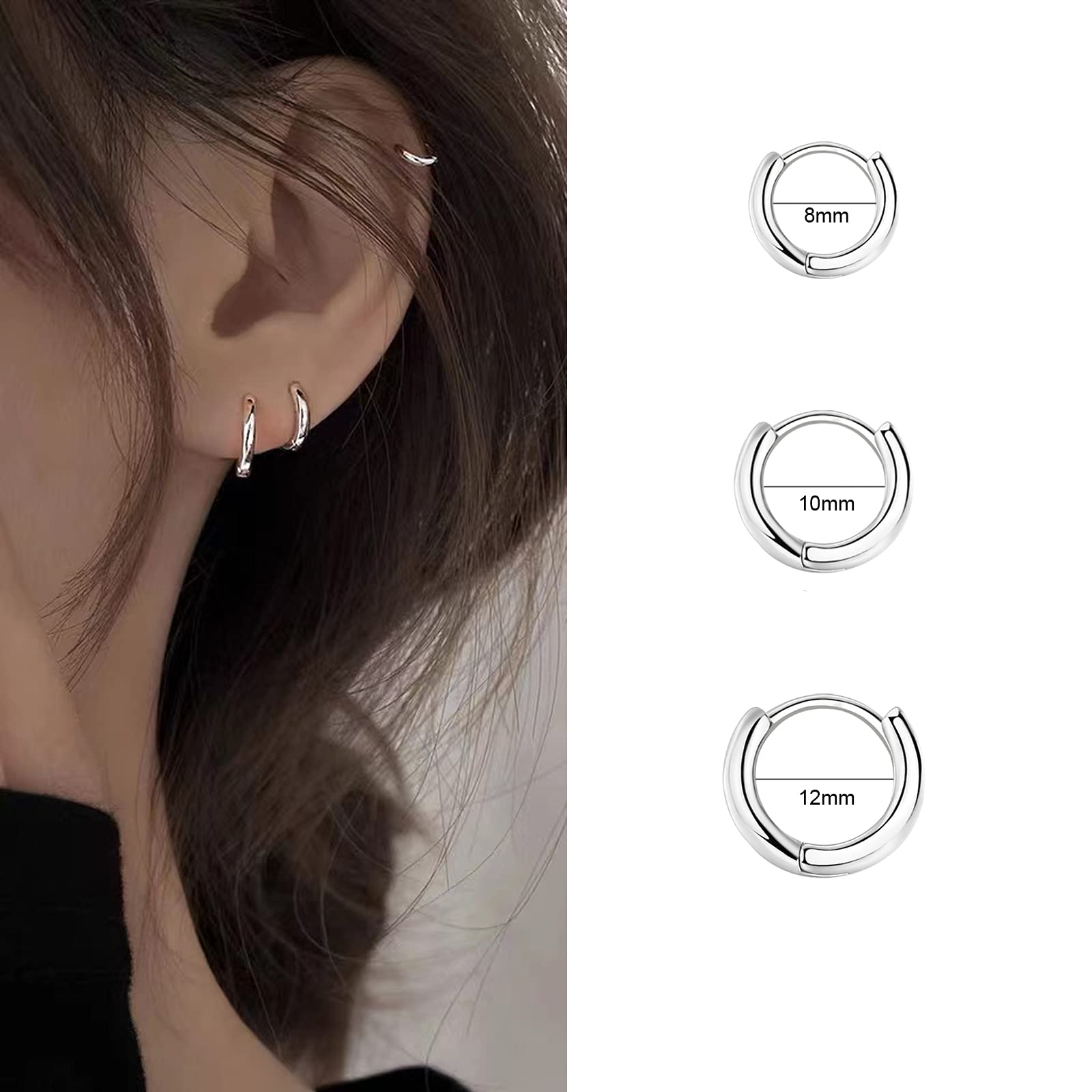 3 Paia Orecchini Cerchio Argento 925 per Donna, Orecchini Cerchio Piccoli Set Orecchini Donna Argento Orecchini Bambina Anallergici 8mm, 10mm, 12mm