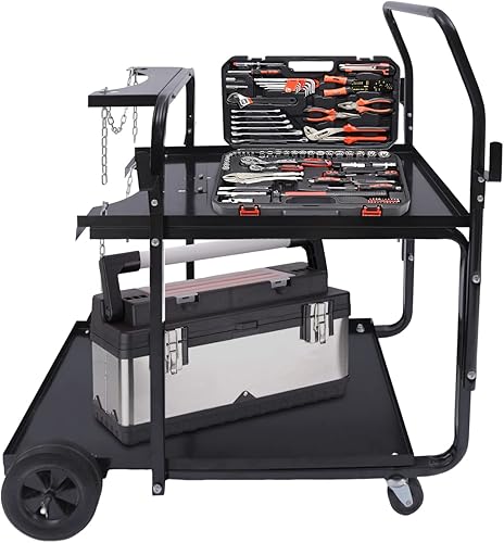 Carrito de soldadura de 2 niveles para botella de gas TIG MIG, cortador de plasma, carrito de soldadura rodante portátil resistente con tanque de