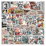 50Pcs Movie Night Stickers, Retro Movie Aesthetic Stickers for Water Bottles Scrapbook, Waterproof Vinyl Decals for Laptop Kindle Computer Luggage Party Favors(Red&Movie)
