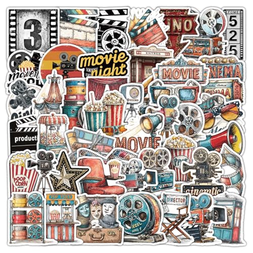 50Pcs Movie Night Stickers, Retro Movie Aesthetic Stickers for Water Bottles Scrapbook, Waterproof Vinyl Decals for Laptop Kindle Computer Luggage Party Favors(Red&Movie)