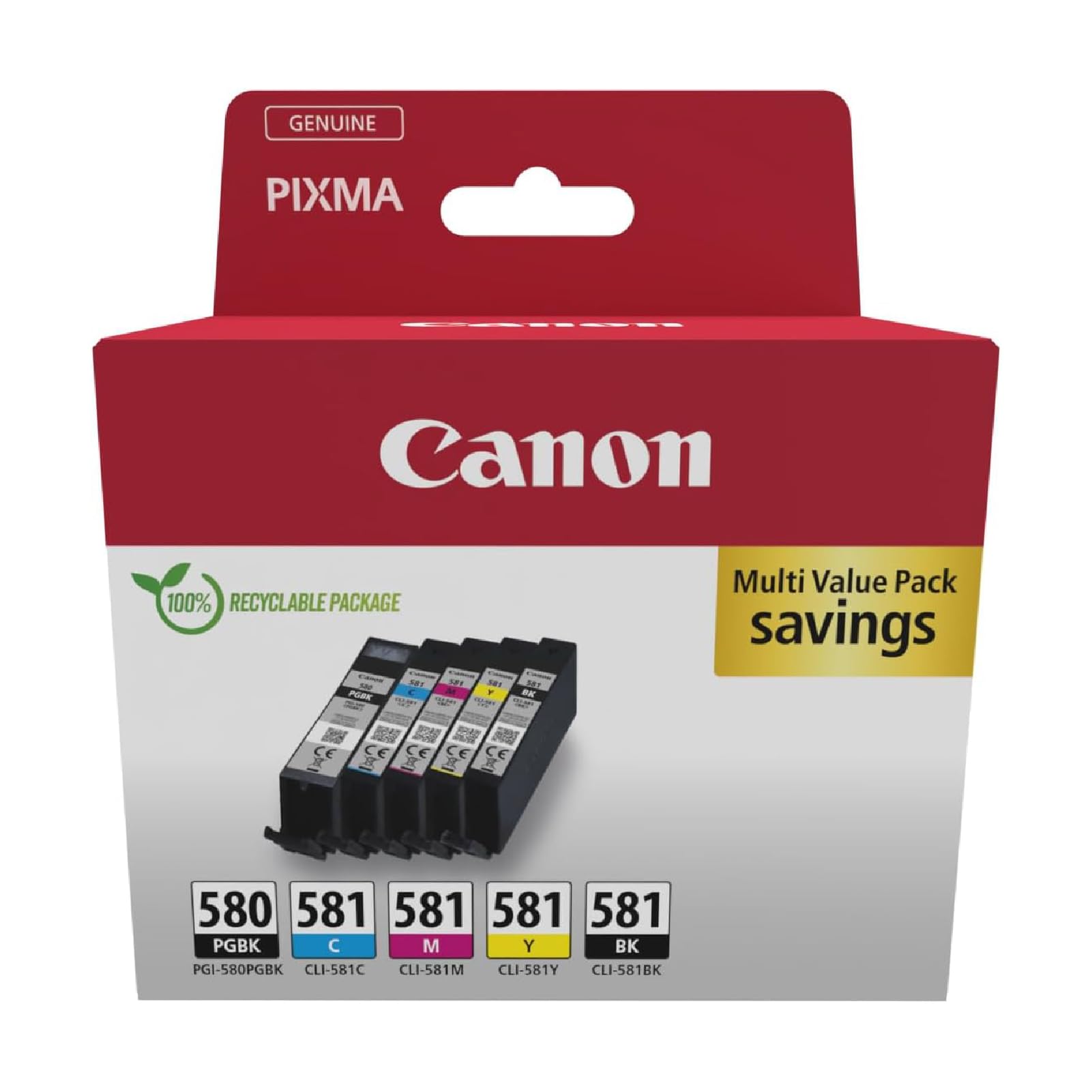 Canon PGI-580 CLI-581 BK C M Y PGBK Vorteilspack 5 Tintenpatronen (Schwarz, Cyan, Magenta, Gelb, Pigment-Schwarz) Original [Umweltfreundl. Recycle-Kartonverpackung 2024 mit Diebstahl Sicherung]