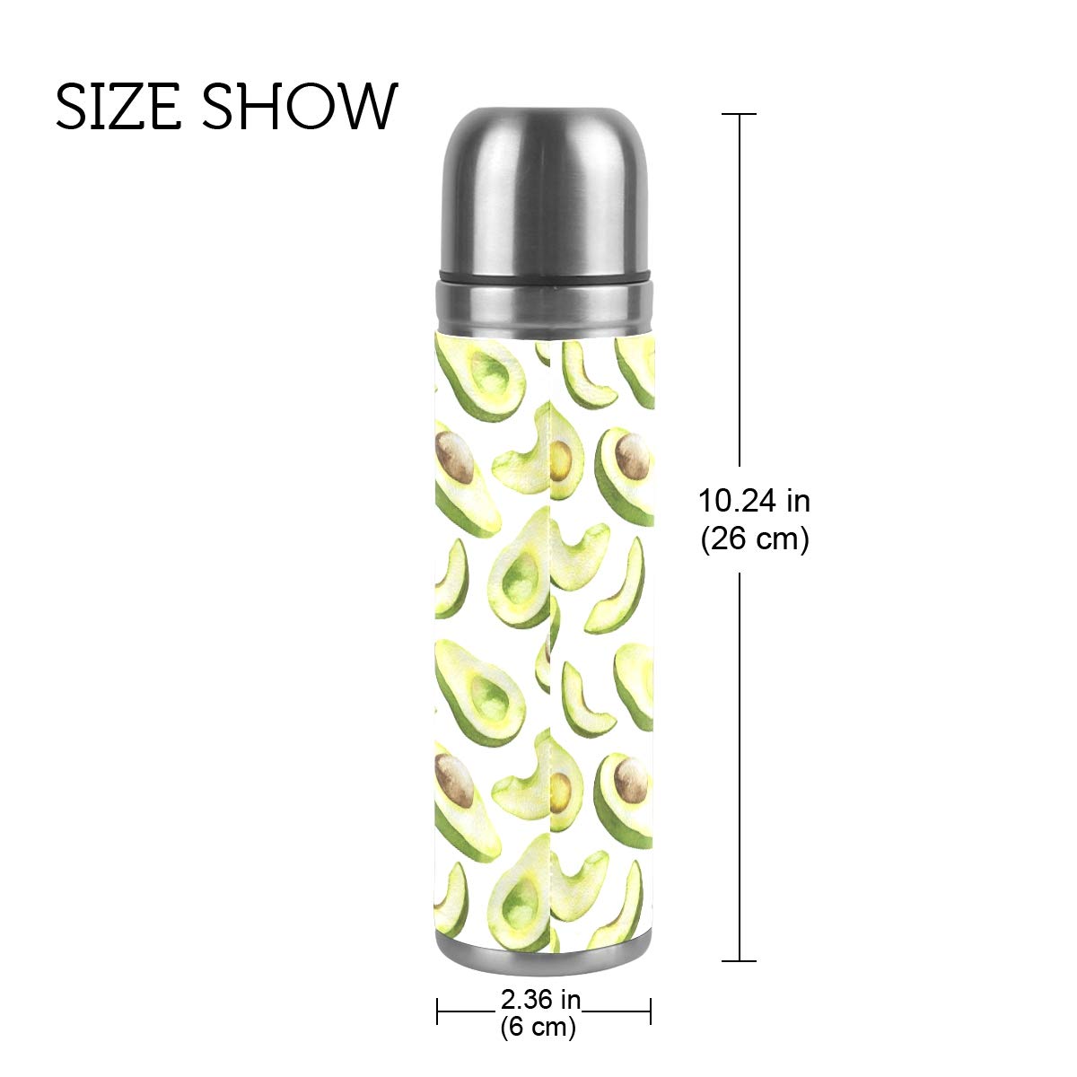 Taza de viaje aislada al vacío de acero inoxidable con doble pared a prueba de fugas, diseño de aguacate personalizado impreso en piel auténtica, termo termo de 500 ml