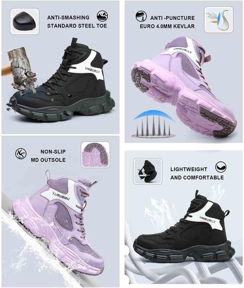 Breathable Work Safety Shoes, Steel Toe Protection Shoes for Women, Anti-Smash and Anti-Puncture Labour Insurance Shoes, High-top Anti-Slip Adventure Sneakers(Black,EU 37)
