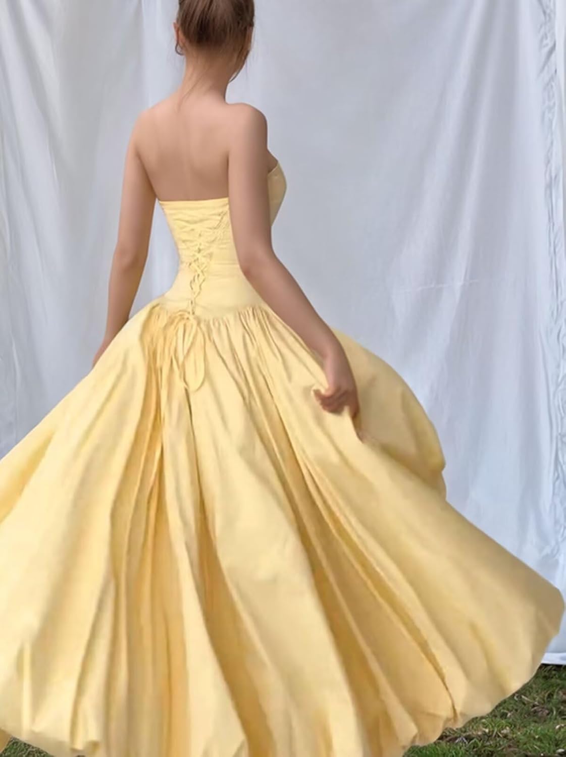 ALFEICE Strapless Satin Prom Dresses with Slit Long A Line Princess Ball Gowns Pleated Ruched Sleeveless Formal Evening Dress