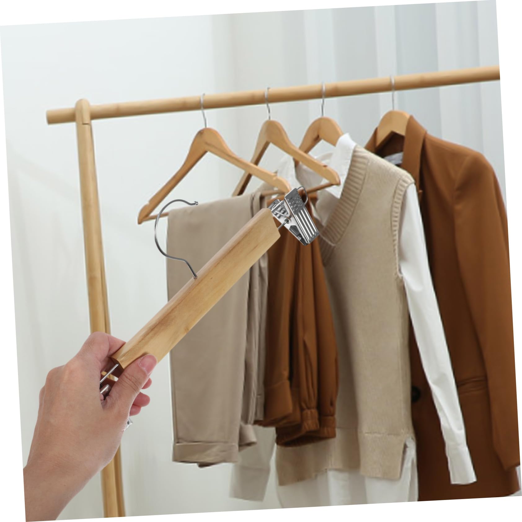 ABOOFAN Grucce per Pantaloni e Gonne con Pinze, Legno e Acciaio Inox, Set da 10 Pezzi, per Asciugare Capi senza Caduta