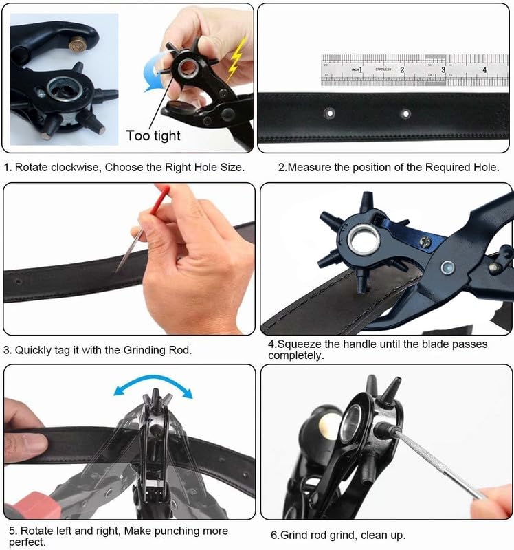 Image of Heavy Duty Rotary Leather Hole Punch Tool - Revolving Punch Plier for Belts, Watch Straps, Bags, Dog Collars, Fabric, and Saddles - 6 Hole Sizes (2-4.5mm) - Ergonomic Grip