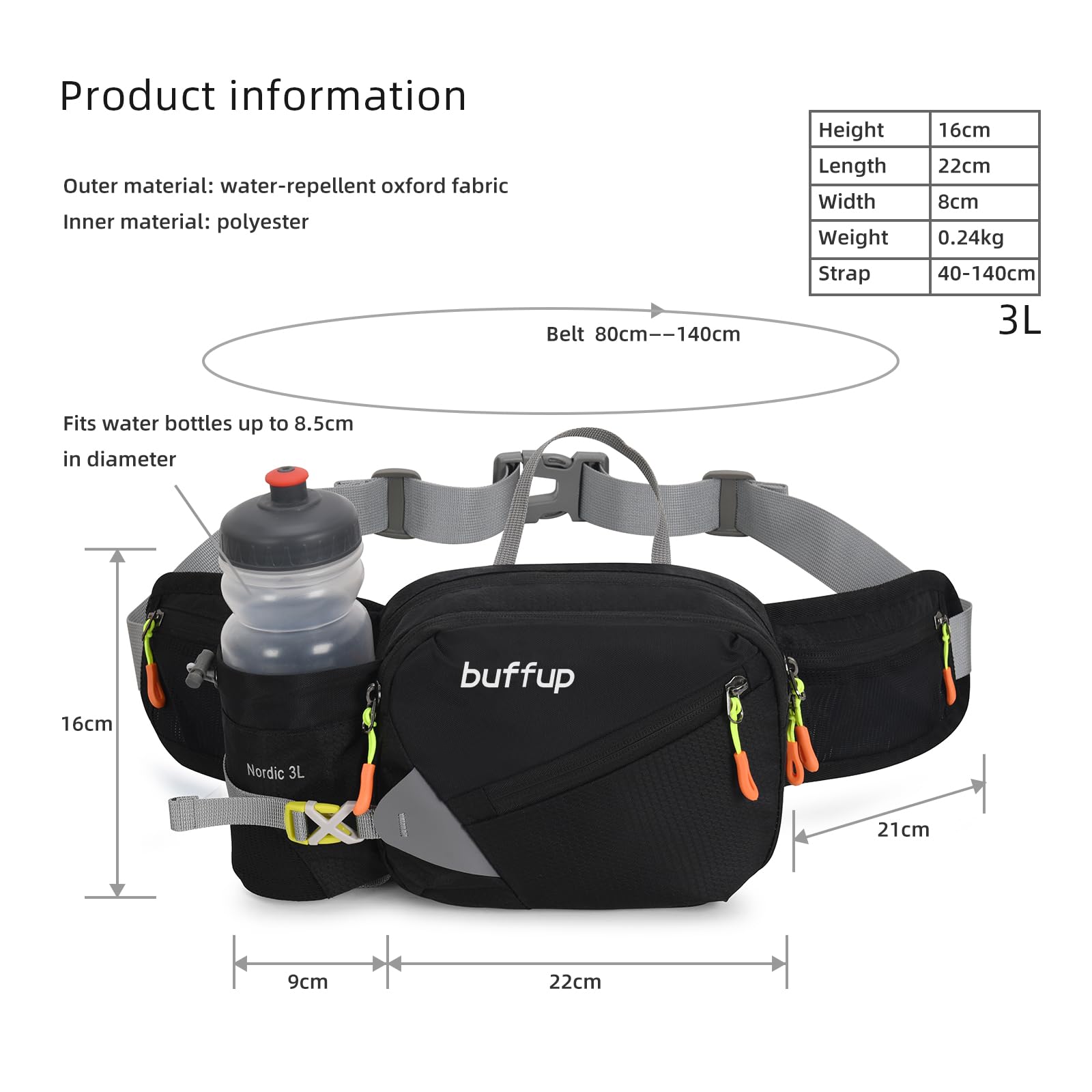 Sac Banane de randonnée Femme et Homme,Sacoche Banane de Sport Ceinture avec Pore Bouteille,Idéal pour la Course à Pied,Le vélo,Le Voyage(Noir :)