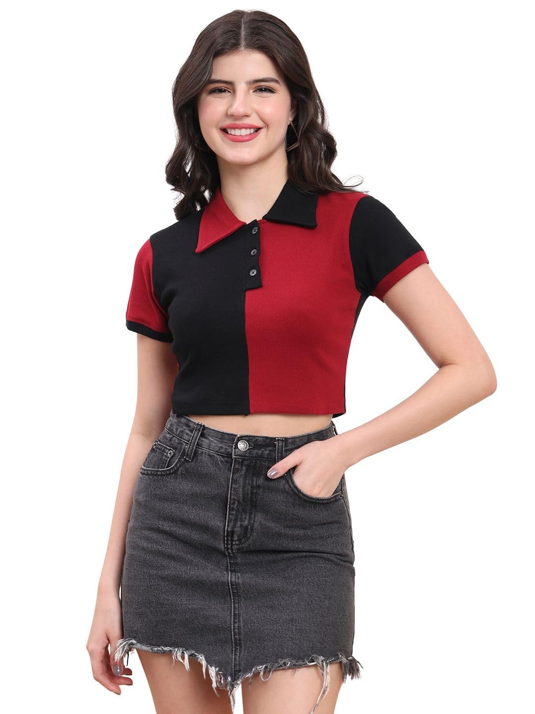 unifringe Cotton Ribbed Polo Crop Top for Women – Dual Tone Summer Casual Tee-picture-30